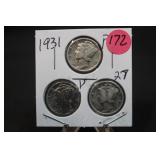 1931 Set of 3 Mercury Silver Dimes P,D,&S