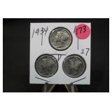 1934 Set of 3 Mercury Silver Dimes P,D,&S