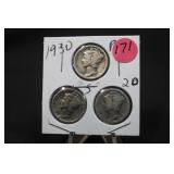1930 Set of 3 Mercury Silver Dimes P,D,&S