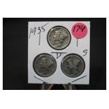 1935 Set of 3 Mercury Silver Dimes P,D,&S