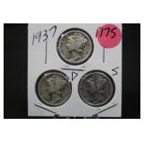 1937 Set of 3 Mercury Silver Dimes P,D,&S