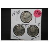 1938 Set of 3 Mercury Silver Dimes P,D,&S