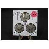 1939 Set of 3 Mercury Silver Dimes P,D,&S