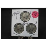 1940 Set of 3 Mercury Silver Dimes P,D,&S