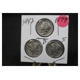 1942 Set of 3 Mercury Silver Dimes P,D,&S