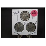 1943 Set of 3 Mercury Silver Dimes P,D,&S