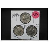 1944 Set of 3 Mercury Silver Dimes P,D,&S