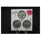 1945 Set of 3 Mercury Silver Dimes P,D,&S