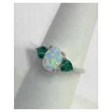 .925 Silver Opal & Emerald Ring Sz 7   E