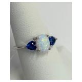 .925 Silver Opal &  Blue Sapphire Ring Sz 7