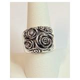 .925 Silver Rose Motif Ring Sz 9