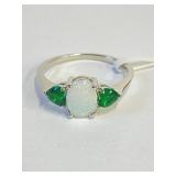 .925 Silver Oval & Heart Emeralds Ring Sz 7   E
