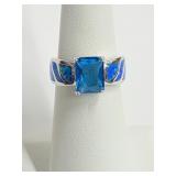 .925 Silver Crystal/Blue Opal Inlay Ring Sz 6