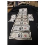 Lot of 10 $2 Red Seal Bank Notes
