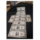 Lot of 10 $2 Red Seal Bank Notes