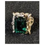 Vintage Silver Ring w/Lg Green Stone - Adjustable