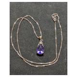 .925 Silver Chain and Amethyst Pendant  18"  4.4g