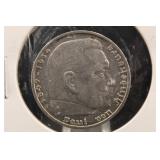 1938 Nazi Germany 5 Reich Mark Silver Coin