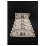 Lot of 5 UNC 1969 $1 Consecutive Bank Notes