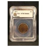 1871 2 Cent Shield Coin Certified