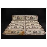 Lot of 10 1976 Bicentennial $2 Bank Notes