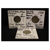 Lot of 3 U.S 5 Philippines Centavos Silver Coins
