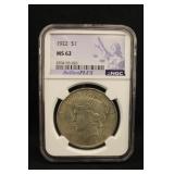1922 MS62 Certified U.S. Silver Peace Dollar