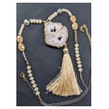 Gold-Trimmed White Agate Geode Pendant Necklace