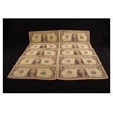 Lot of 10 $1 U.S. Federal Reserve Star Notes