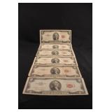 Lot of 6 1953 $2 Red Seal Bank Notes