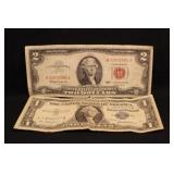 Lot of 2 Bank Notes $2 Red and $1 Silver