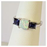 .925 Silver White Opal with Tanzanite - Size 6