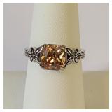 .925 Silver Cushion Cut Champagne CZ Size 8