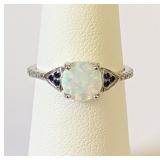 .925 Silver White Opal & Blue Sapphire Ring Sz 5