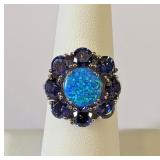 .925 Silver Blue Fire Opal and Tanzanite Ring