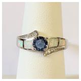 .925 Silver Tanzanite and White Opal Ring Size 7
