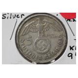 1936D 3rd Reich Silver Nazi 5 Reichs Mark