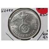 1937D 3rd Reich Silver Nazi 5 Reichs Mark
