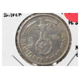 1937A 3rd Reich Silver Nazi 5 Reichs Mark
