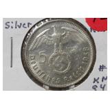 1938E 3rd Reich Silver Nazi 5 Reichs Mark