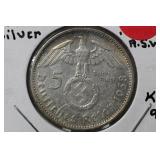 1938E 3rd Reich Silver Nazi 5 Reichs Mark