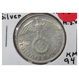 1938J 3rd Reich Silver Nazi 5 Reichs Mark