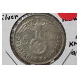 1938D 3rd Reich Silver Nazi 5 Reichs Mark