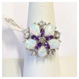 .925 Silver White Fire Opal & Amethyst Flower