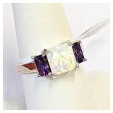 .925 Silver White Fire Opal & Amethyst Ring Sz 8