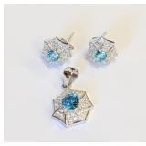 .925 Silver Blue Topaz & Pave CZ Earrings &