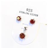 .925 Silver Garnet Three Piece Pendant & Ear