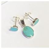 .925 Silver Turqoise Earrings & Pendant Set      E