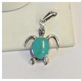 .925 Silver Green Turquoise Turtle Pendant     A