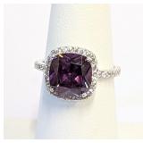.925 Silver 3ct Cushion Faceted Amethyst Ring Sz